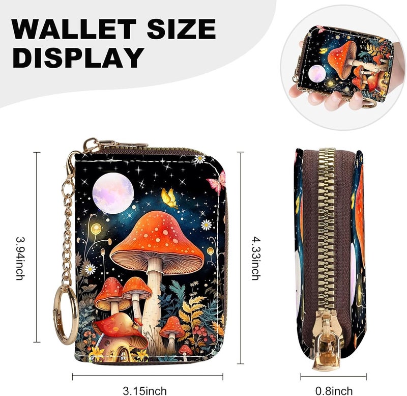 Luoycxy Credit Card Holder for Women,Small Rfid Wallet with Keychain Zipper,Cute PU Leather Card Case Wallet，Accordion Credit Card Wallets Gift,Moon Mushroom - Image 4
